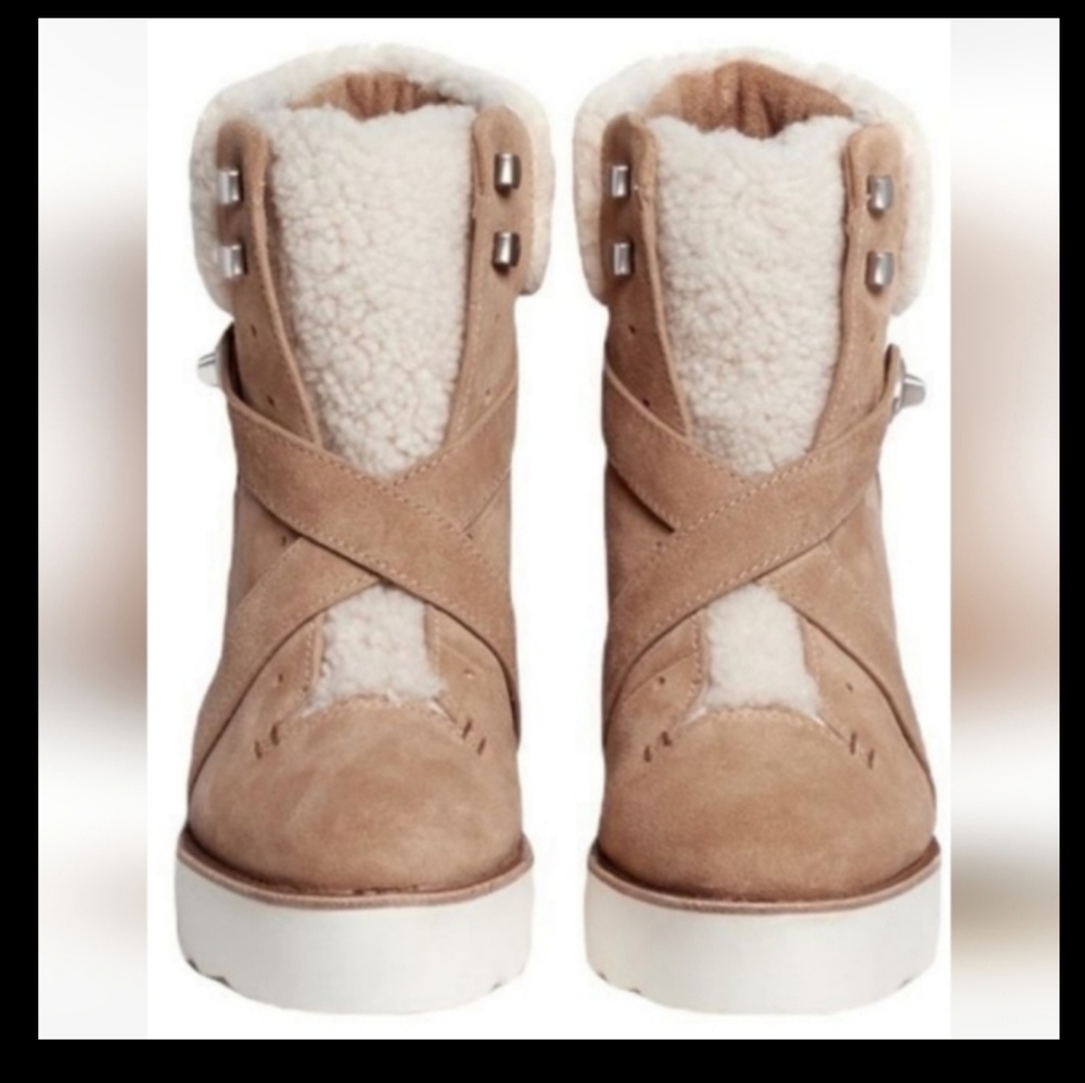 NEW SALE Coach Kenna Wedge Suede/Shearling Ankle Hiking Boots Camel 9M MSRP$395